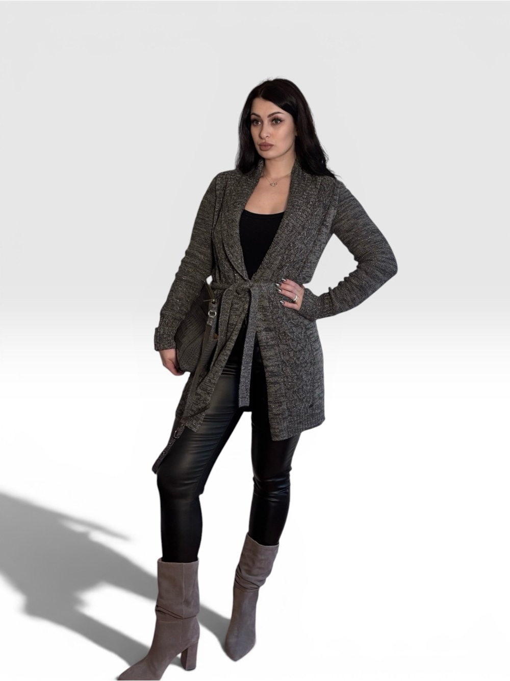 Armani Exchange AX Gray Metallic Merino Wool Belted Long Cardigan Sweater Small